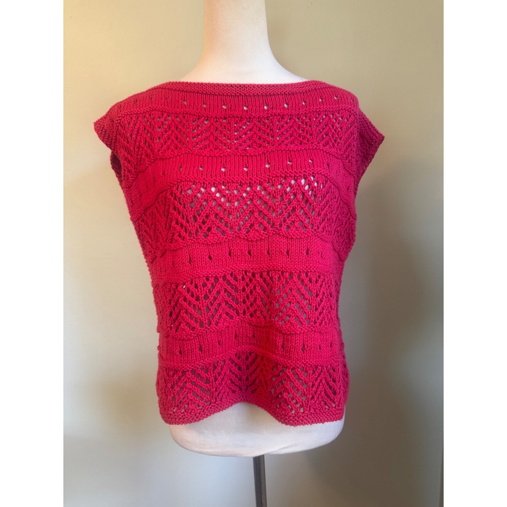 Handmade Hot Pink red Knit Sleeveless Sweater Top cottage retro granny boho dain